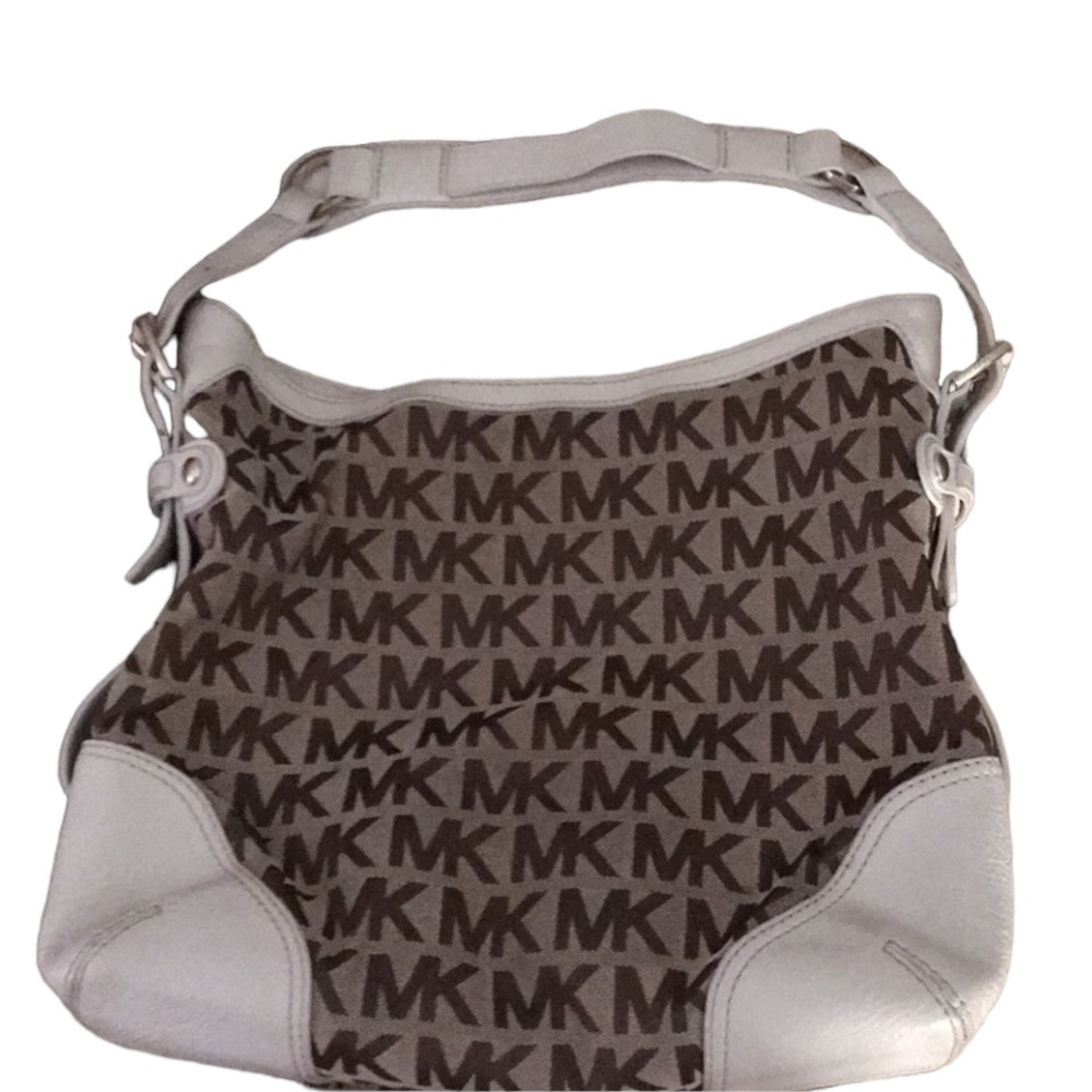 Micheal Kors white leather &  brown monogram canvas shoulder bag ,gold hardware - Picture 8 of 15